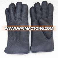 Black Color Men ShearlingLamb Fur Winter Gloves Hand Sewing Warm Sheepskin Gloves