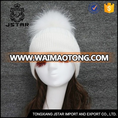 Customized angora rabbit beanie hat with detachable raccoon fur pompom