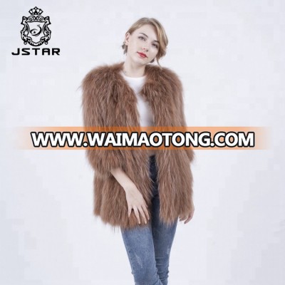 Top quality women raccoon fur coat knitted fur coat long sleeve fur coat